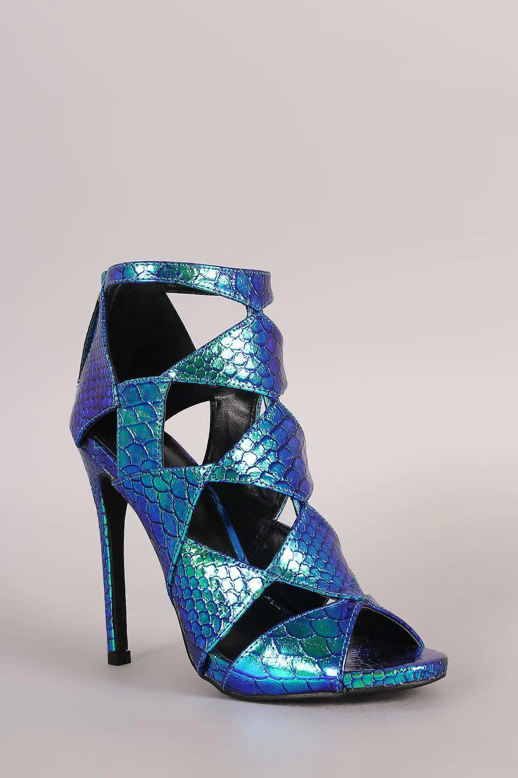 Liliana Snake Hologram Cutout Peep Toe Stiletto Heel