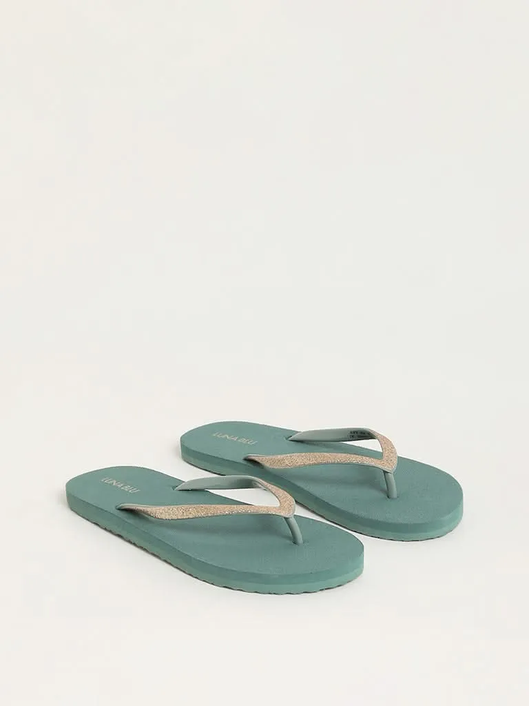 LUNA BLU Dark Green Shimmer-Detailed Flip-Flops