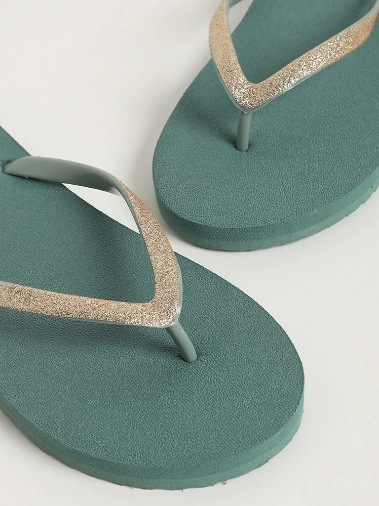 LUNA BLU Dark Green Shimmer-Detailed Flip-Flops