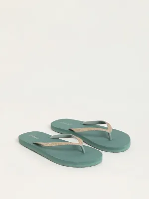 LUNA BLU Dark Green Shimmer-Detailed Flip-Flops