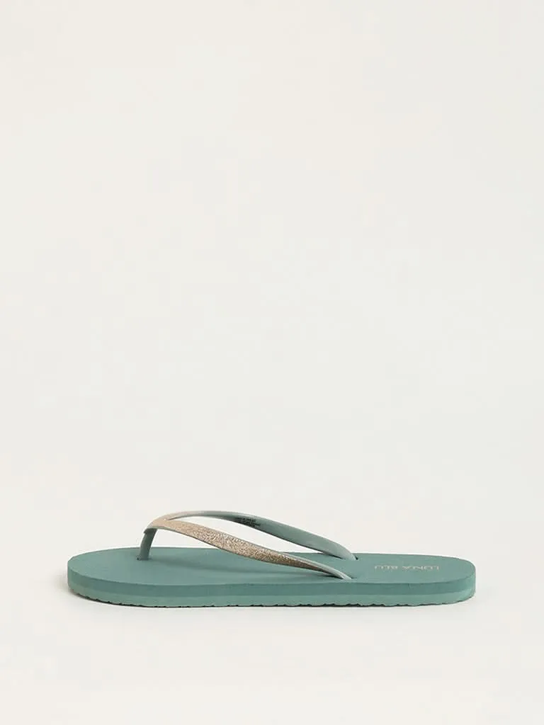 LUNA BLU Dark Green Shimmer-Detailed Flip-Flops