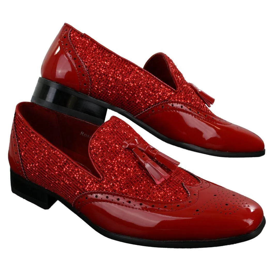 Mens Smart Party Shiny Tassle Shoes Red Silver Black Gold Slip On Patent Leather