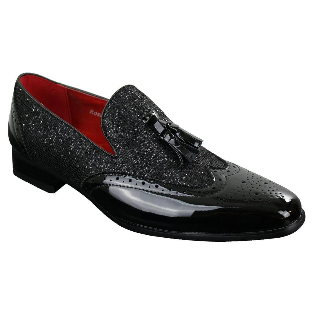 Mens Smart Party Shiny Tassle Shoes Red Silver Black Gold Slip On Patent Leather