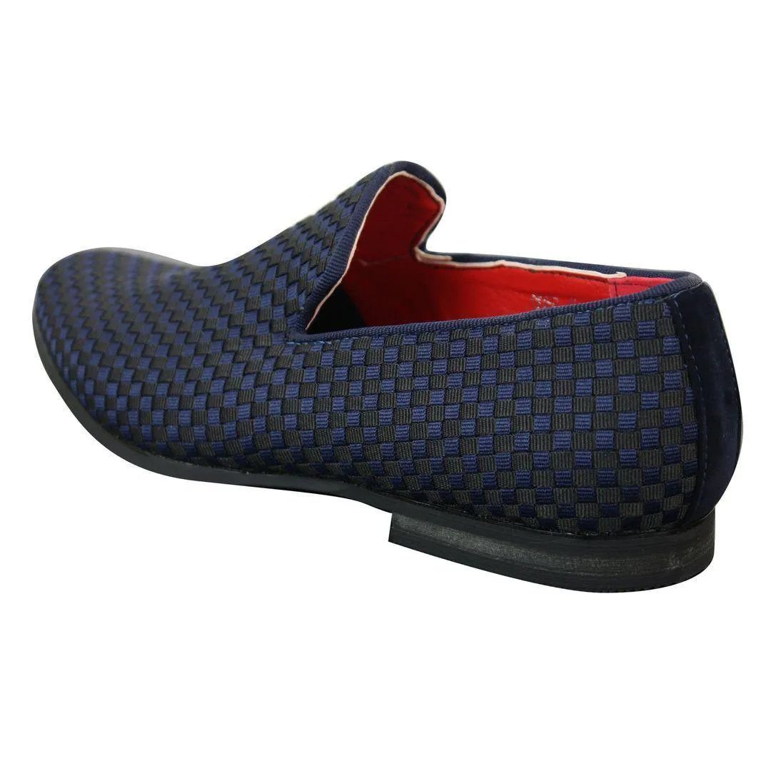 Mens Textured Slip On Black Blue Check Shoes Smart Casual Formal Italian Design