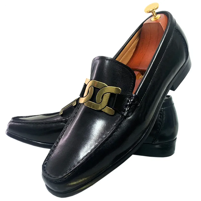 Metal Link Deco Slip-On Leather Loafer Shoes