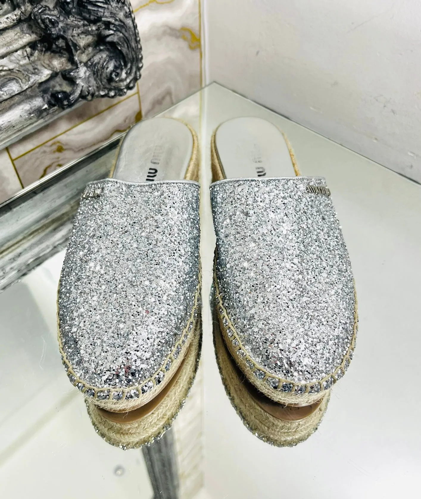 Miu Miu Glitter & Leather Logo Espadrilles. Size 38.5