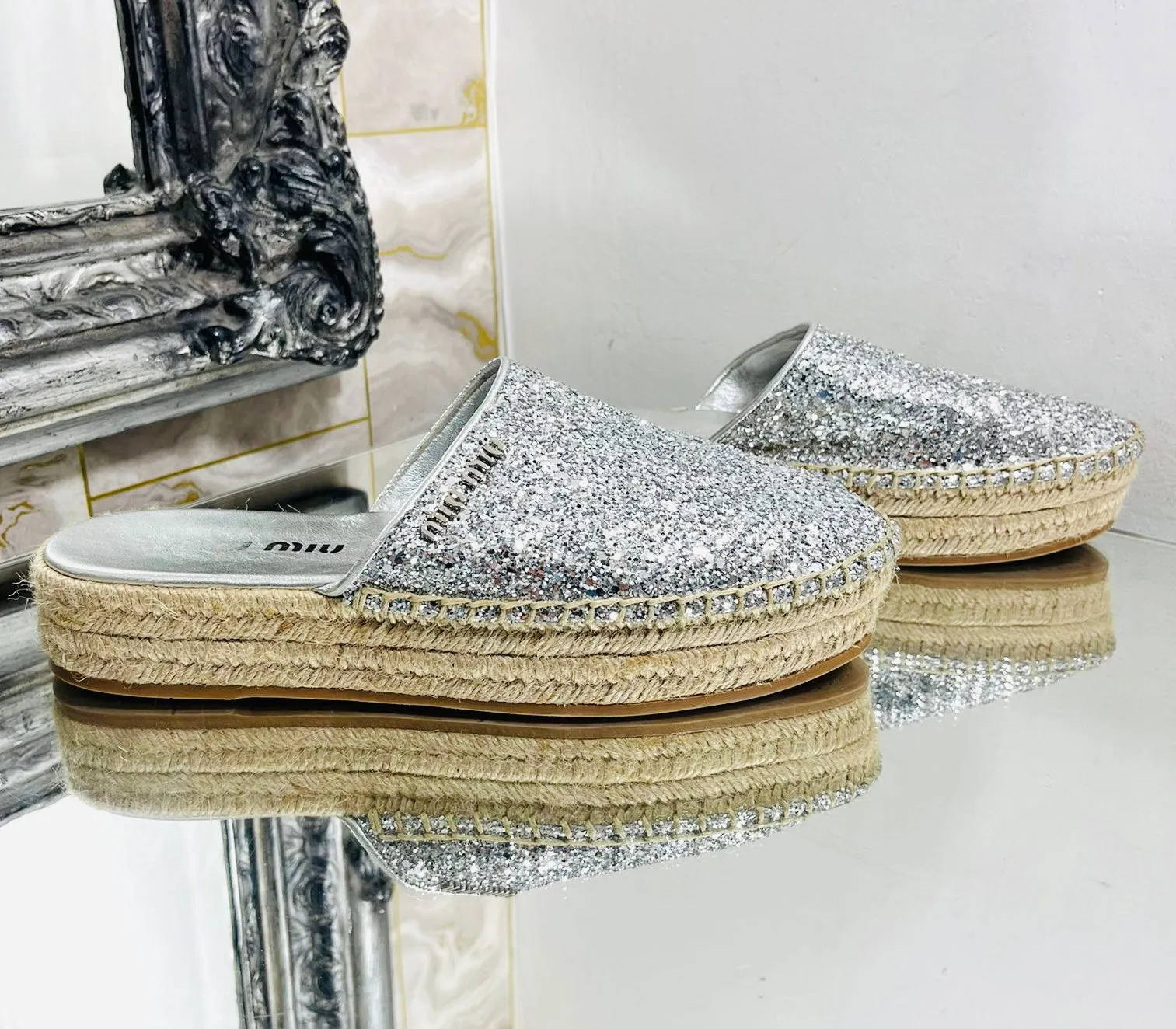 Miu Miu Glitter & Leather Logo Espadrilles. Size 38.5