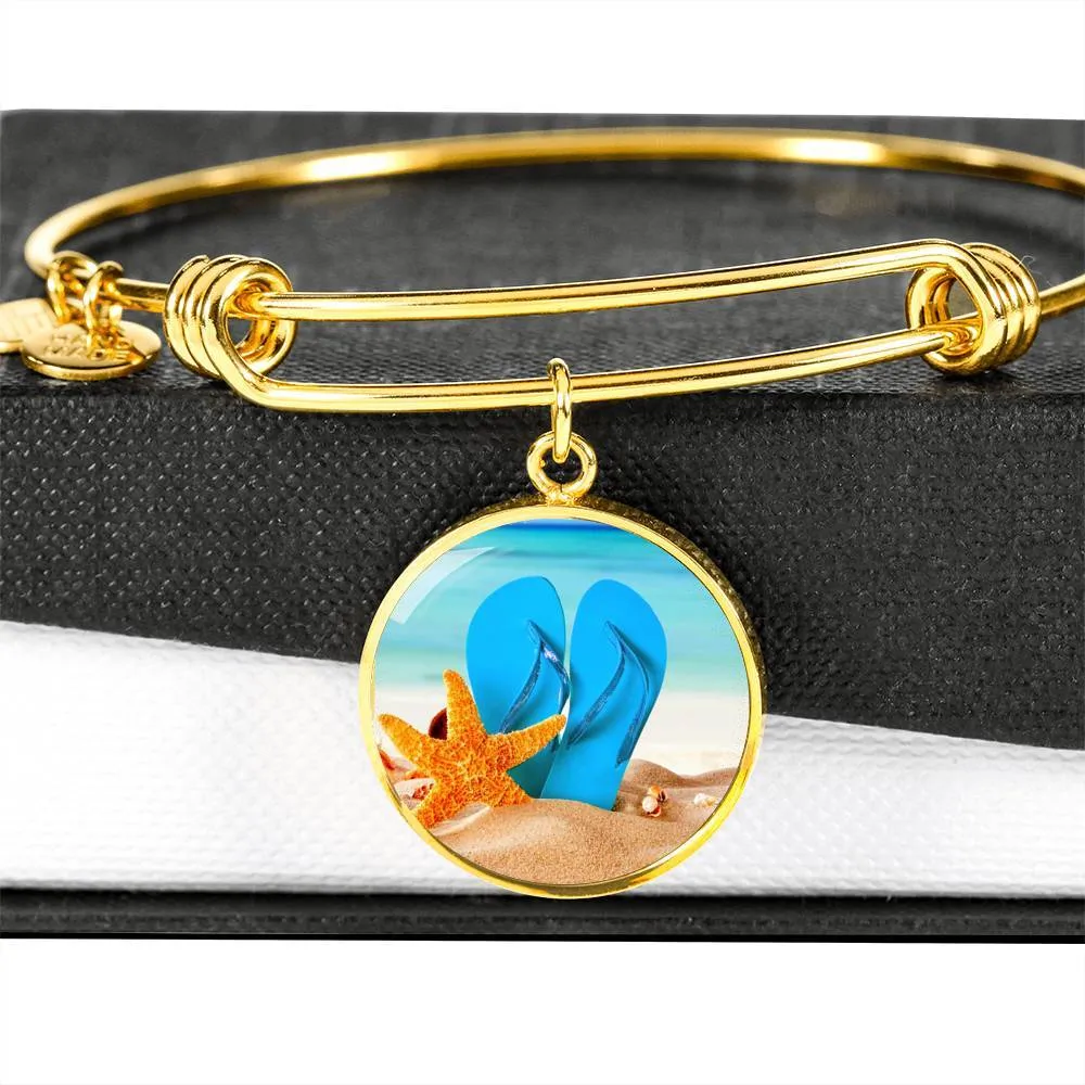 New Flip Flops On The Beach - Round Pendant Gold Bangle Bracelet