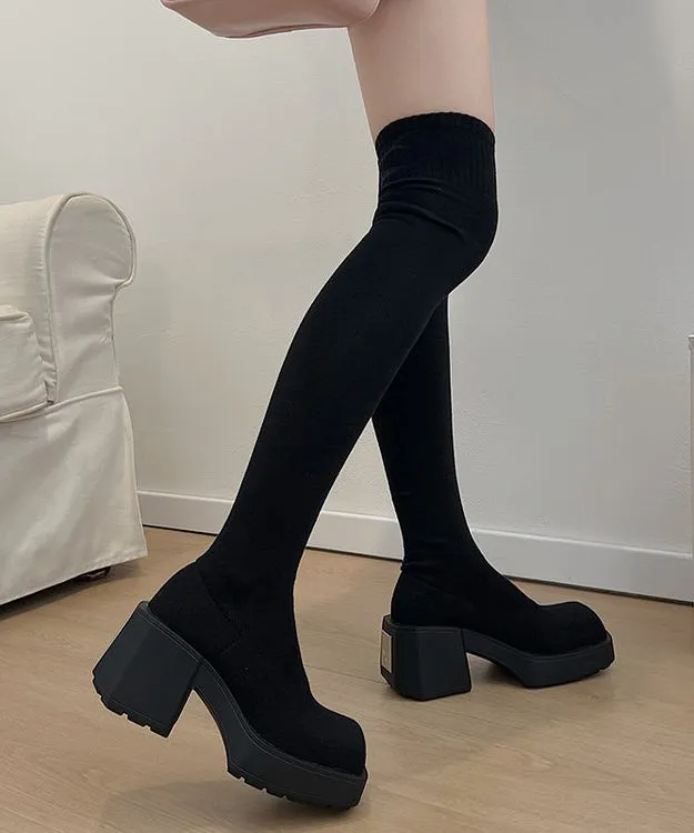 New Grey Knit Fabric Chic Splicing Chunky Heel Knee Boots QK067