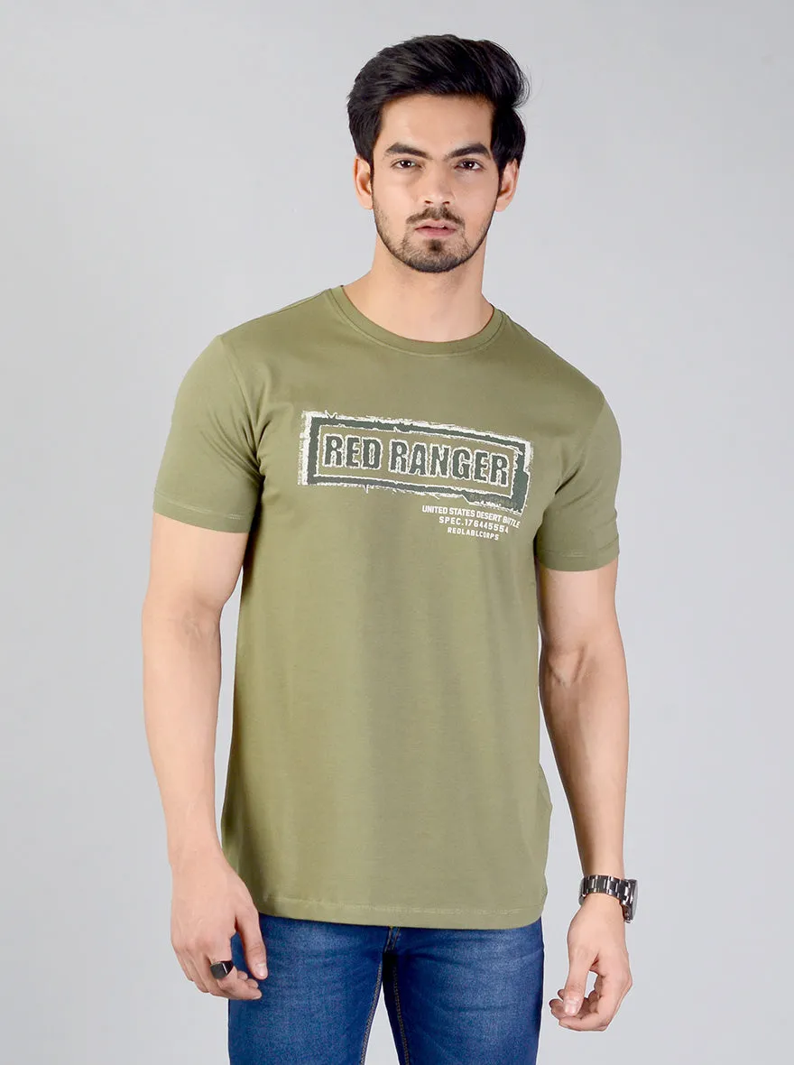 Olive Green Printed Slim Fit T-shirt | JadeBlue