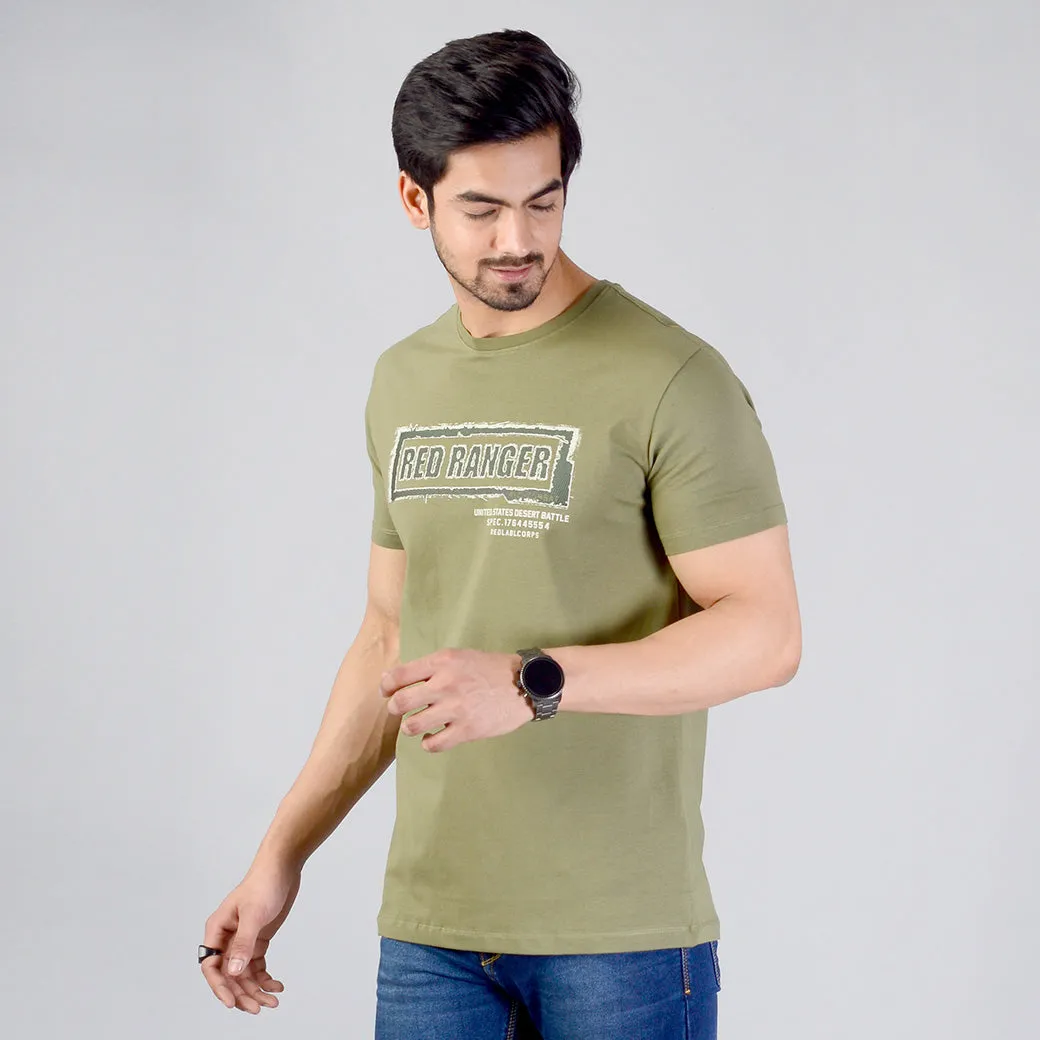 Olive Green Printed Slim Fit T-shirt | JadeBlue