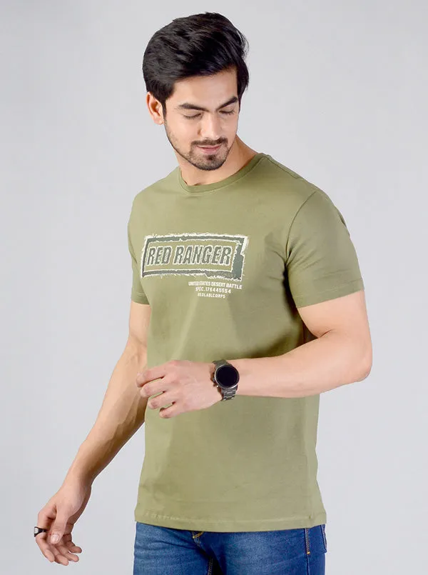 Olive Green Printed Slim Fit T-shirt | JadeBlue