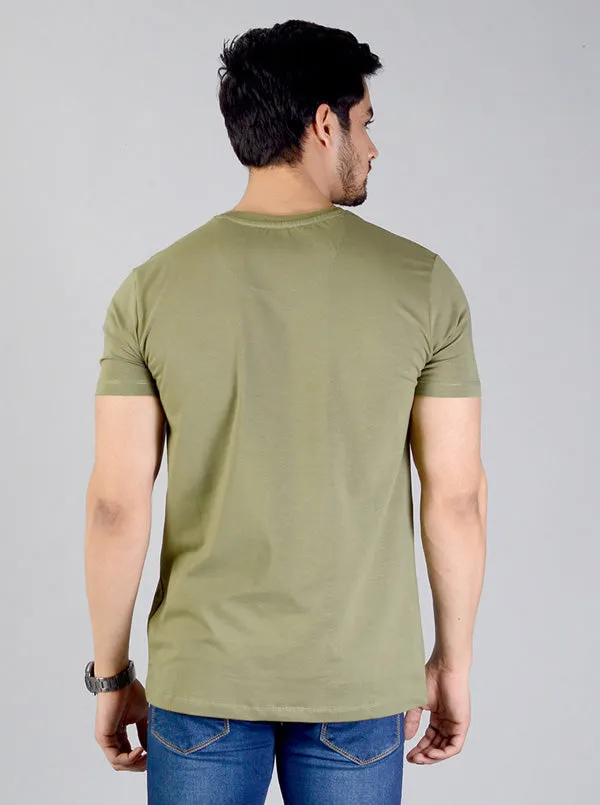 Olive Green Printed Slim Fit T-shirt | JadeBlue