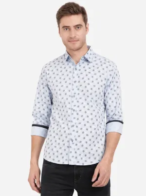 Powder Blue Printed Slim Fit Semi Casual Shirt | Greenfibre