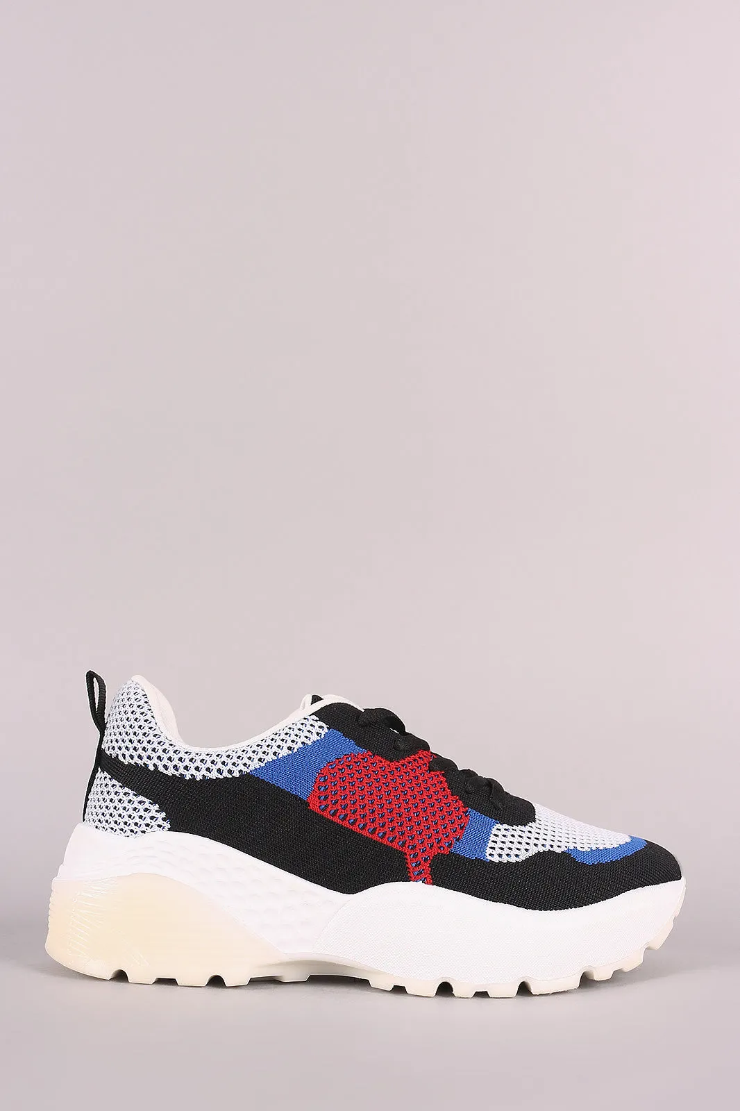 Qupid Colorblock Knit Lace-Up Lug Sole Platform Sneaker