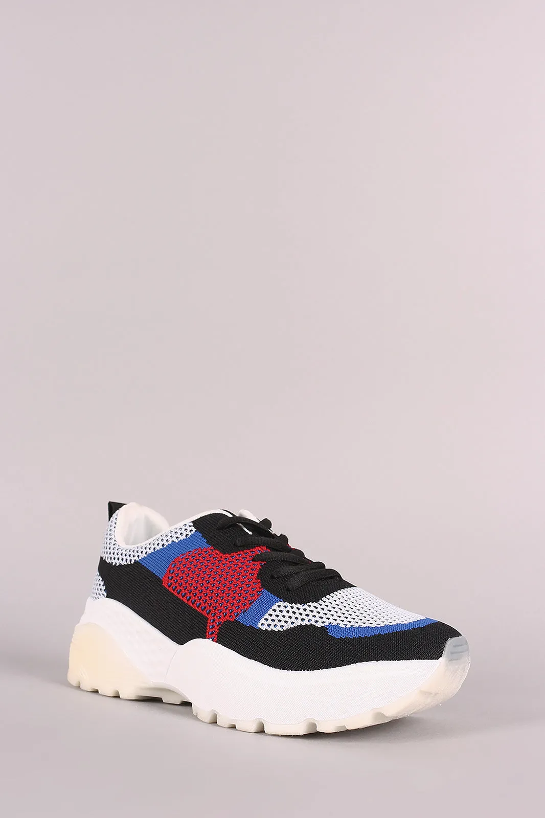 Qupid Colorblock Knit Lace-Up Lug Sole Platform Sneaker