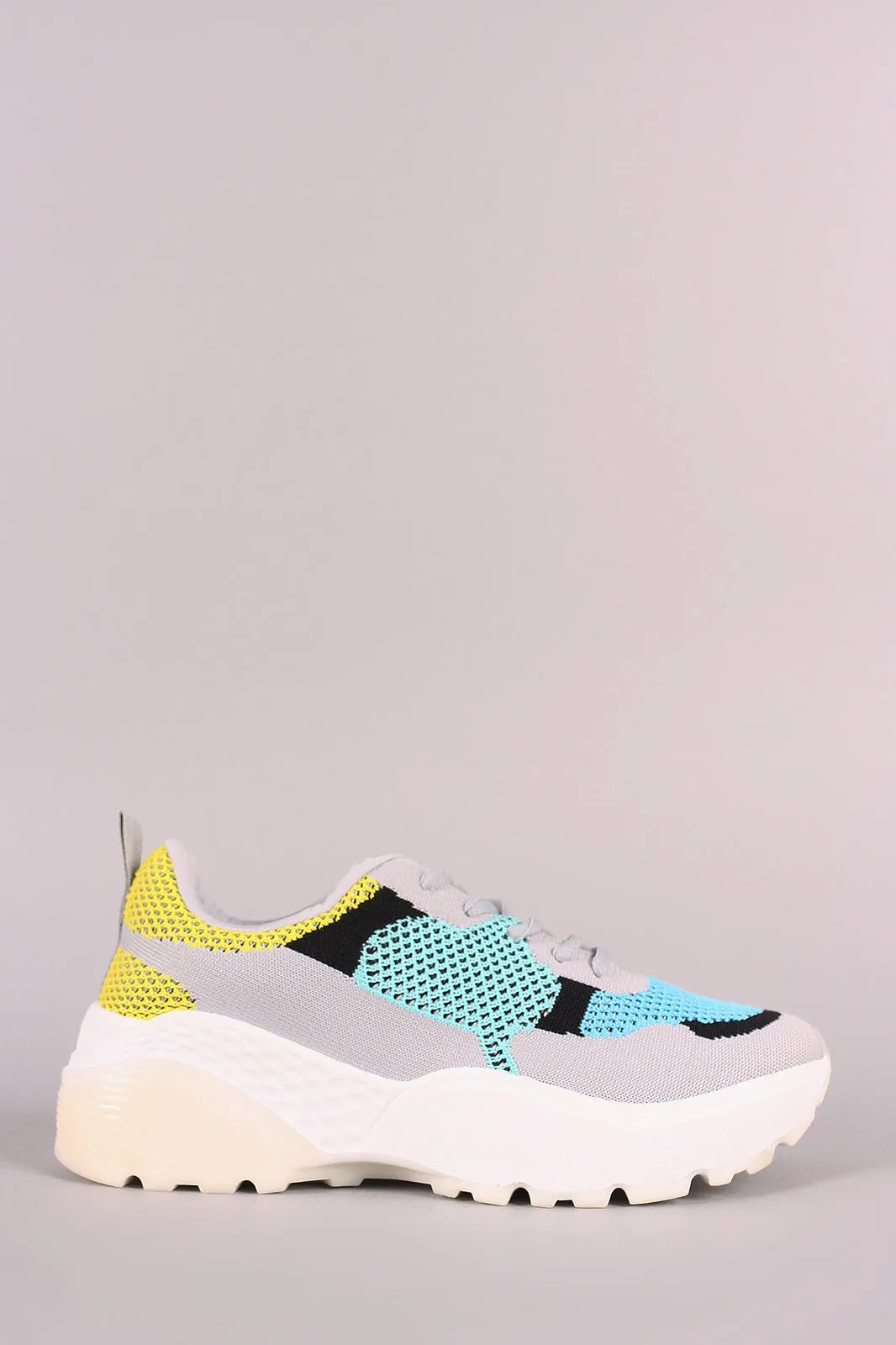 Qupid Colorblock Knit Lace-Up Lug Sole Platform Sneaker