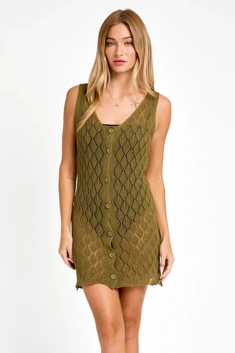 Sleeveless V-Neck Crochet Button Up Sweater Dress