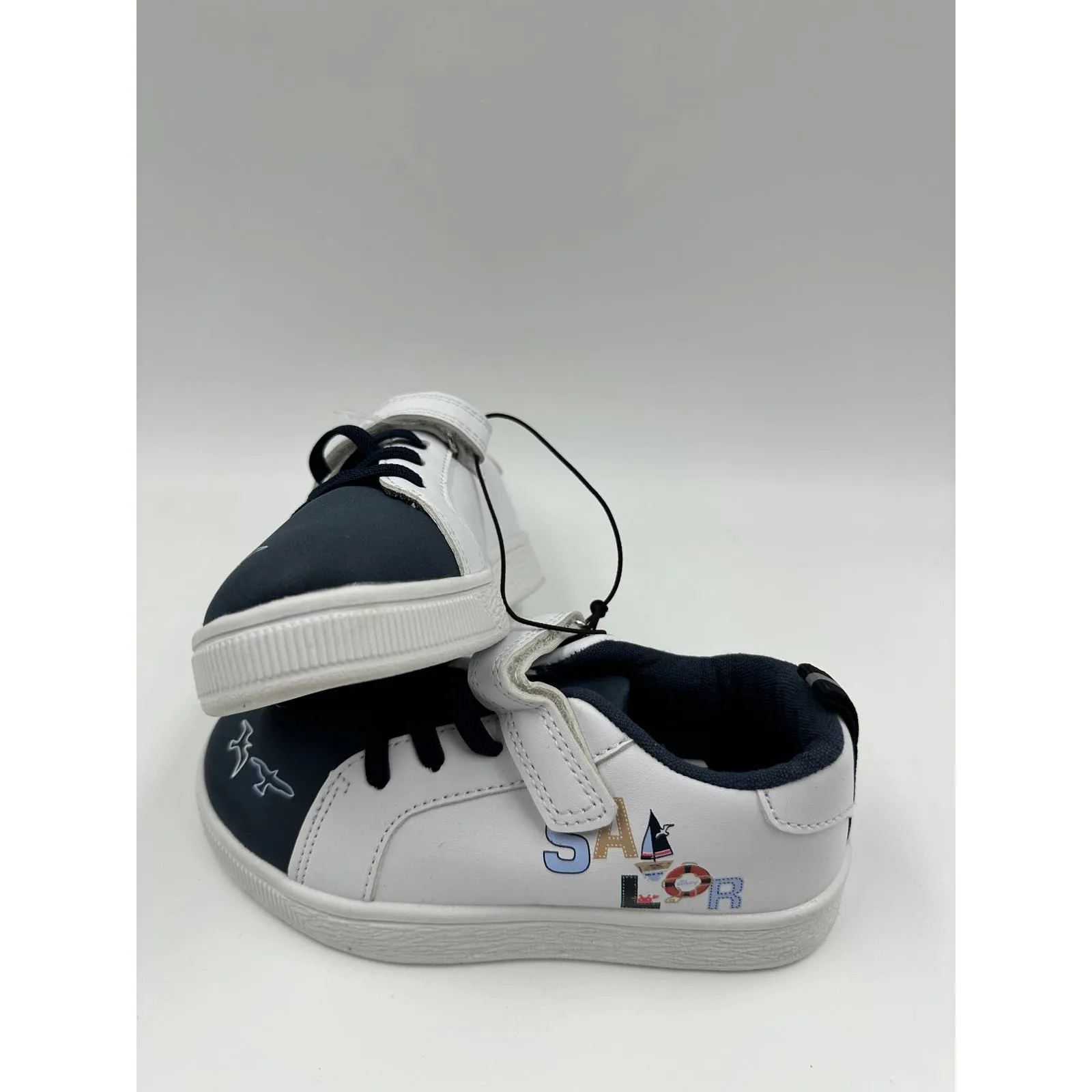 Small Kid Size 10, Fashion White & Blue Sneakers, Strap, Sailor Design