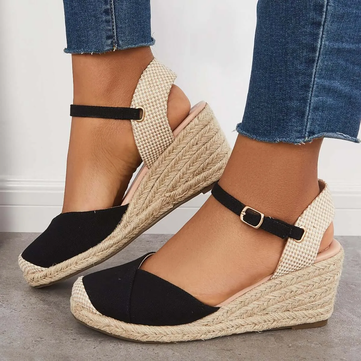 Sohiwoo Women Closed Toe Espadrilles Wedge Ankle Strap Sandals