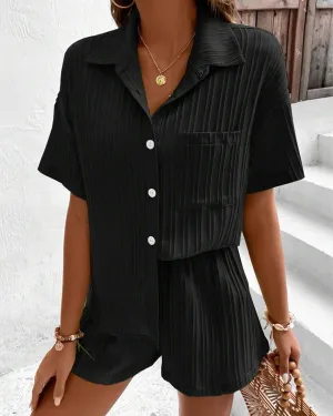 Solid Button Front Shirt and  Short Set In Black