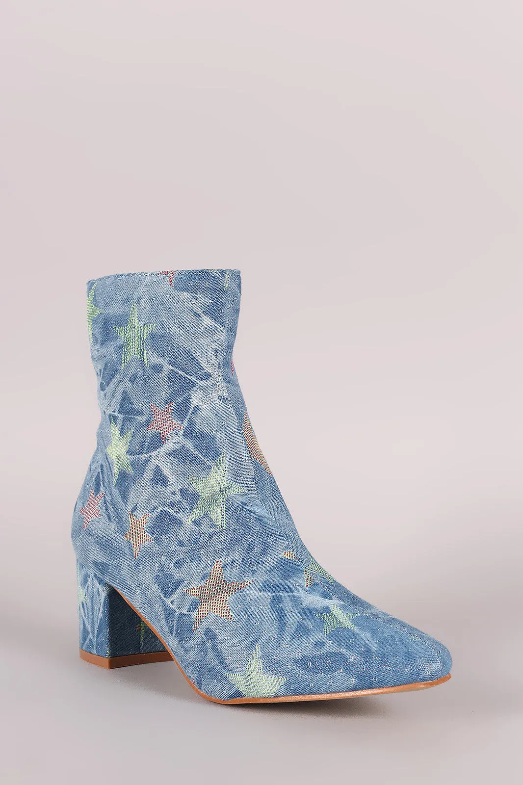 Star Print Denim Blocked Heeled Ankle Boots