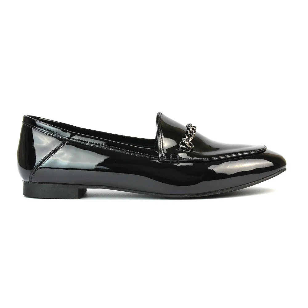 Tessah Chain Detail Flat Heel Slip On School Shoes Loafers is Black Patent