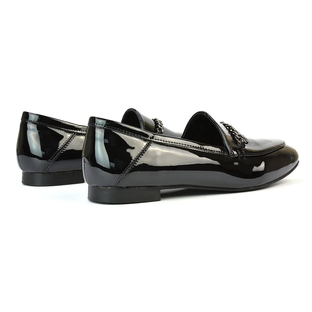 Tessah Chain Detail Flat Heel Slip On School Shoes Loafers is Black Patent