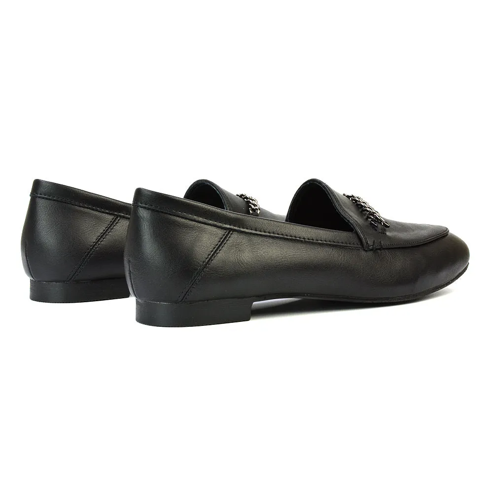 Tessah Chain Detail Flat Heel Slip On School Shoes Loafers is Black Patent