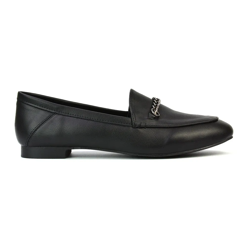 Tessah Chain Detail Flat Heel Slip On School Shoes Loafers is Black Patent