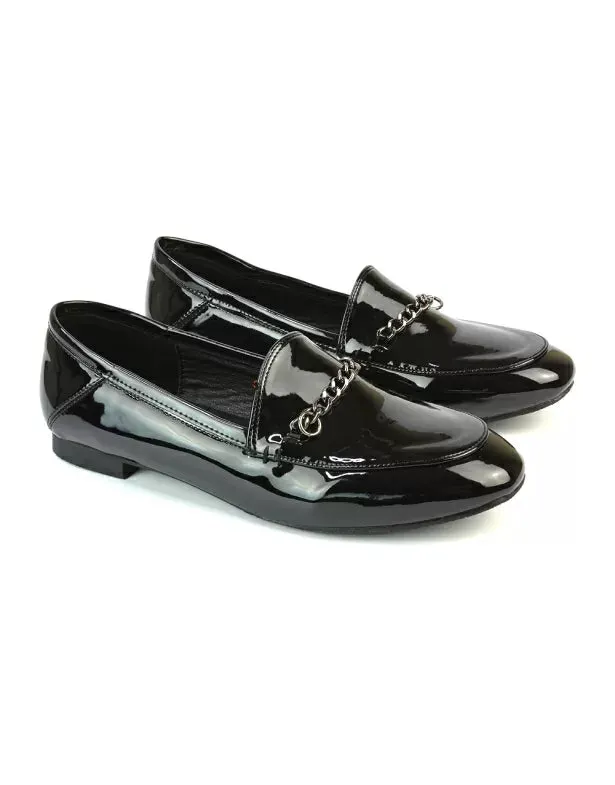 Tessah Chain Detail Flat Heel Slip On School Shoes Loafers is Black Patent