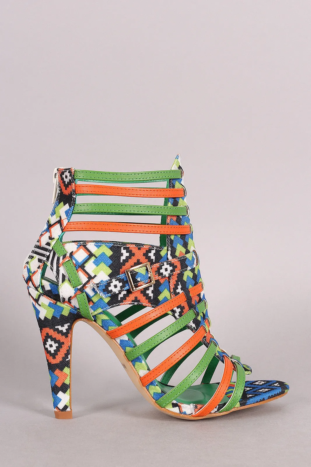 Tribal Print Strappy Buckled Open Toe Heel