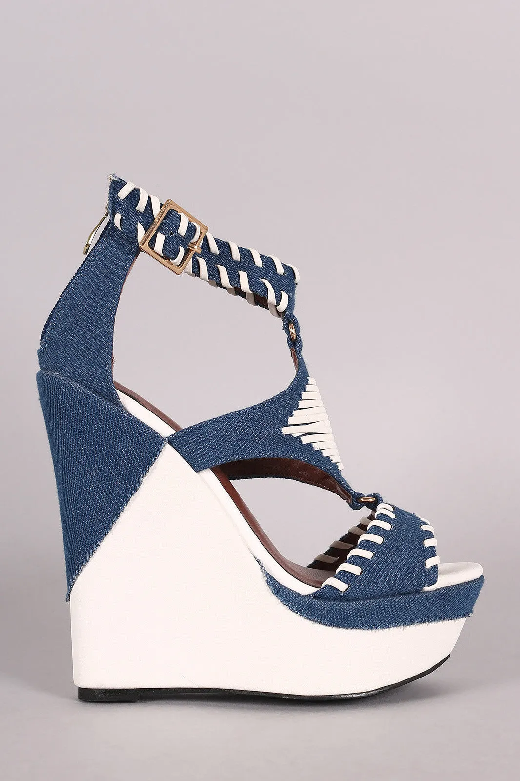 Two Tone Denim Whip Stitched Cutout Platform Wedge