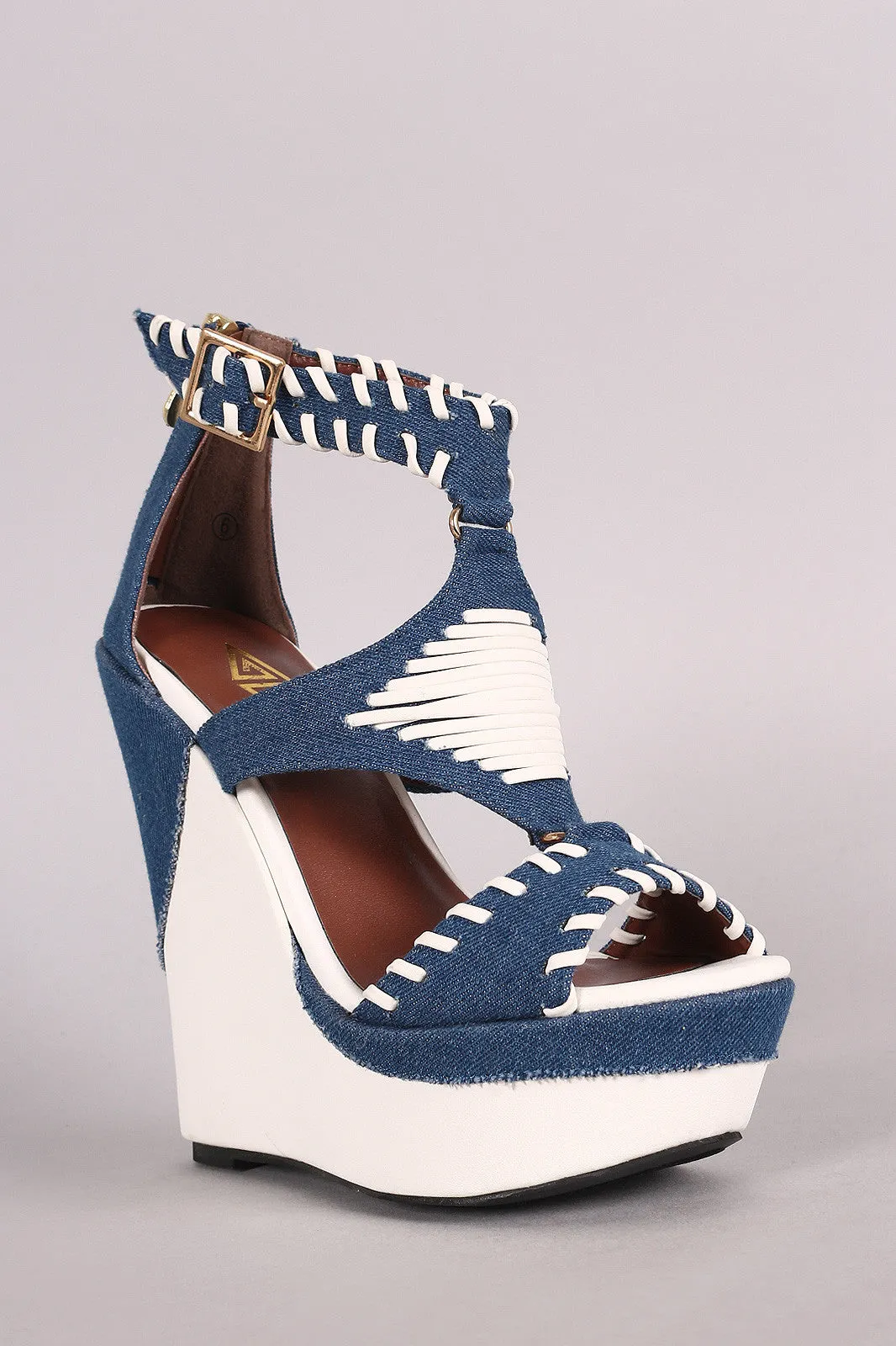 Two Tone Denim Whip Stitched Cutout Platform Wedge