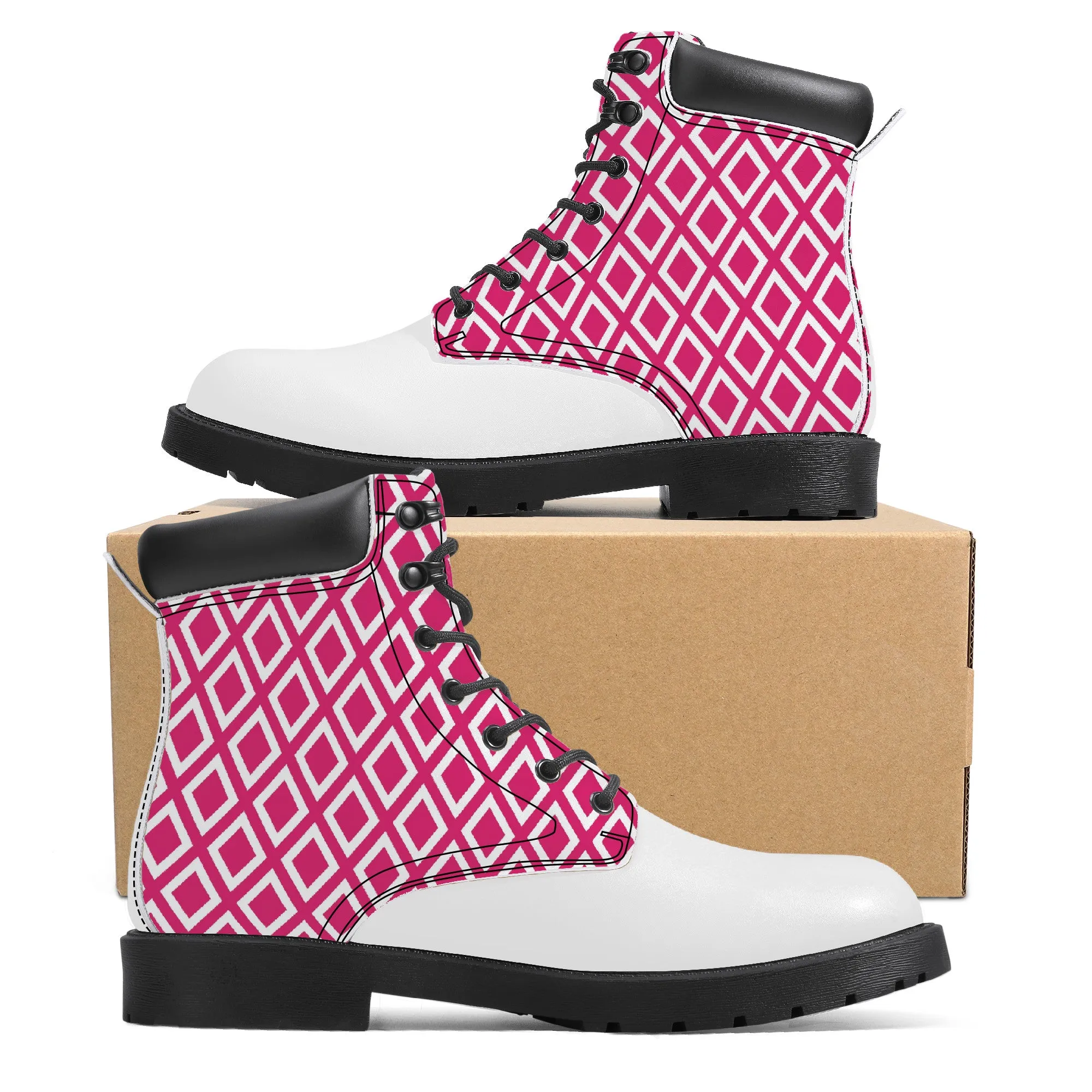 Unisex Synthetic Leather Boots With Cuff - Pink Triangles