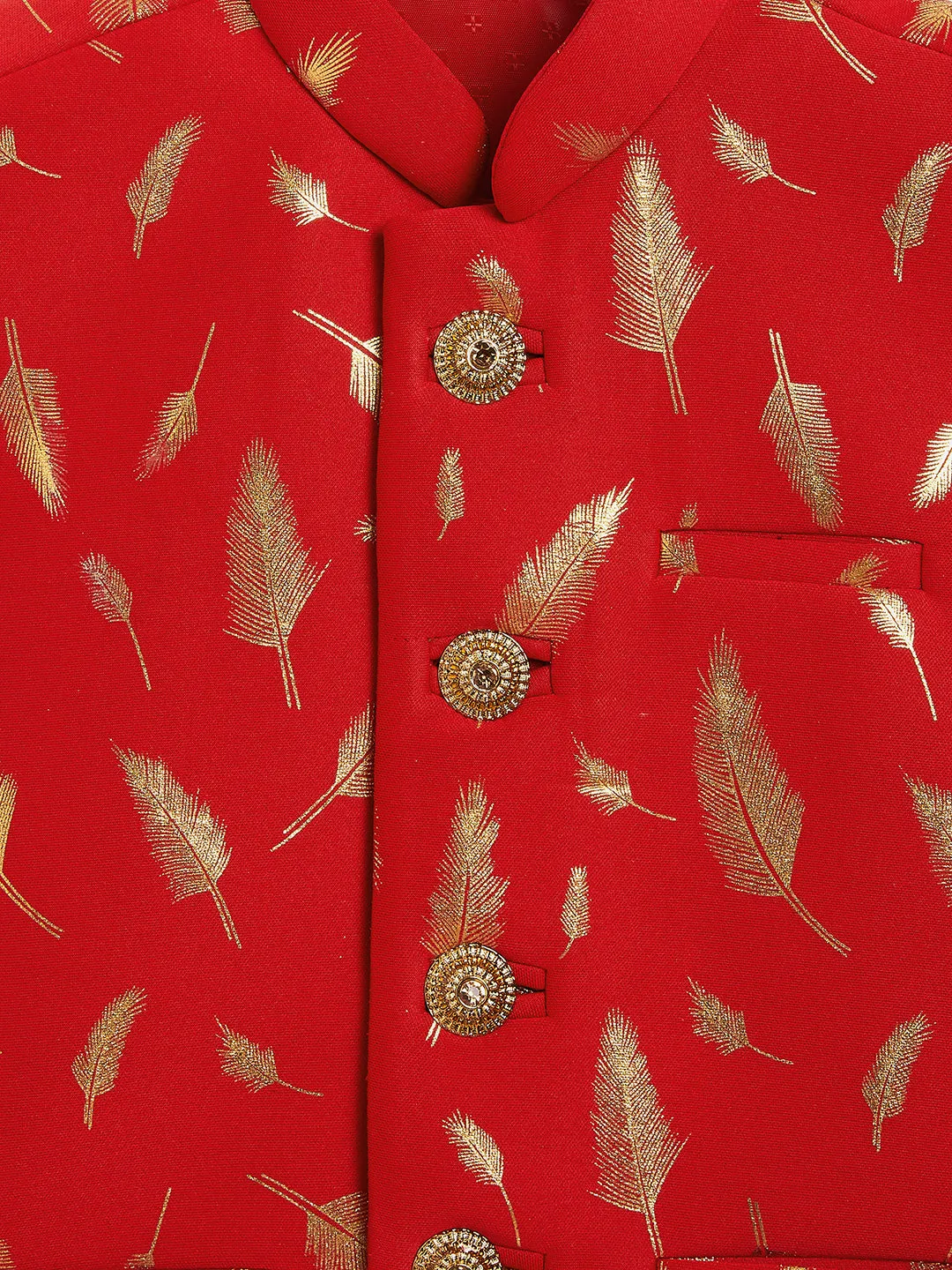 VASTRAMAY Red And Gold Scuba Foil Print Nehru Jacket