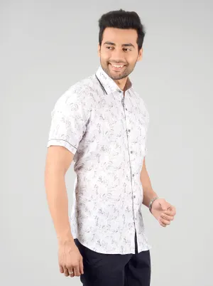 White & Grey Printed Slim Fit Party Wear Shirt | JB Studio