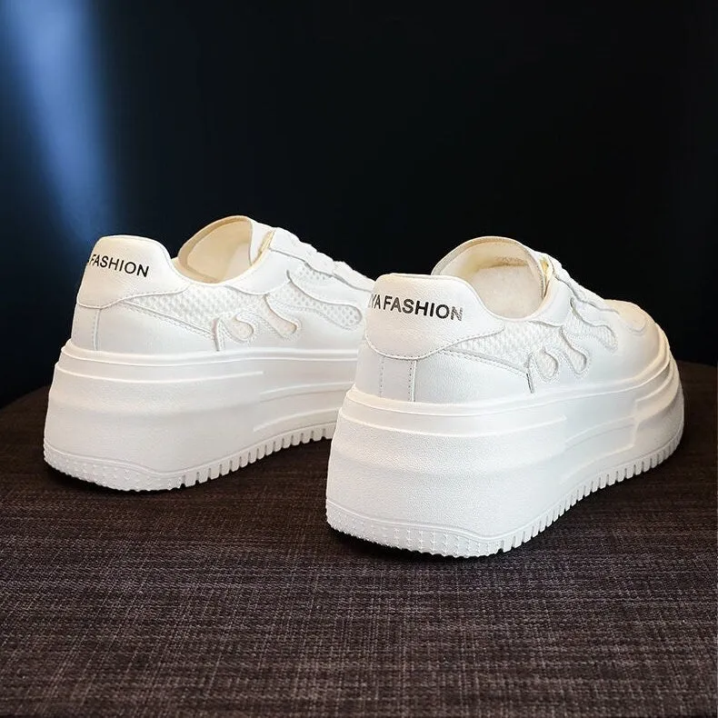 White Breathable Round Head Sneakers, Tie Lace Up Shoes for Women, Flat Bottom Sneakers, Athletic Sport Running Shoes