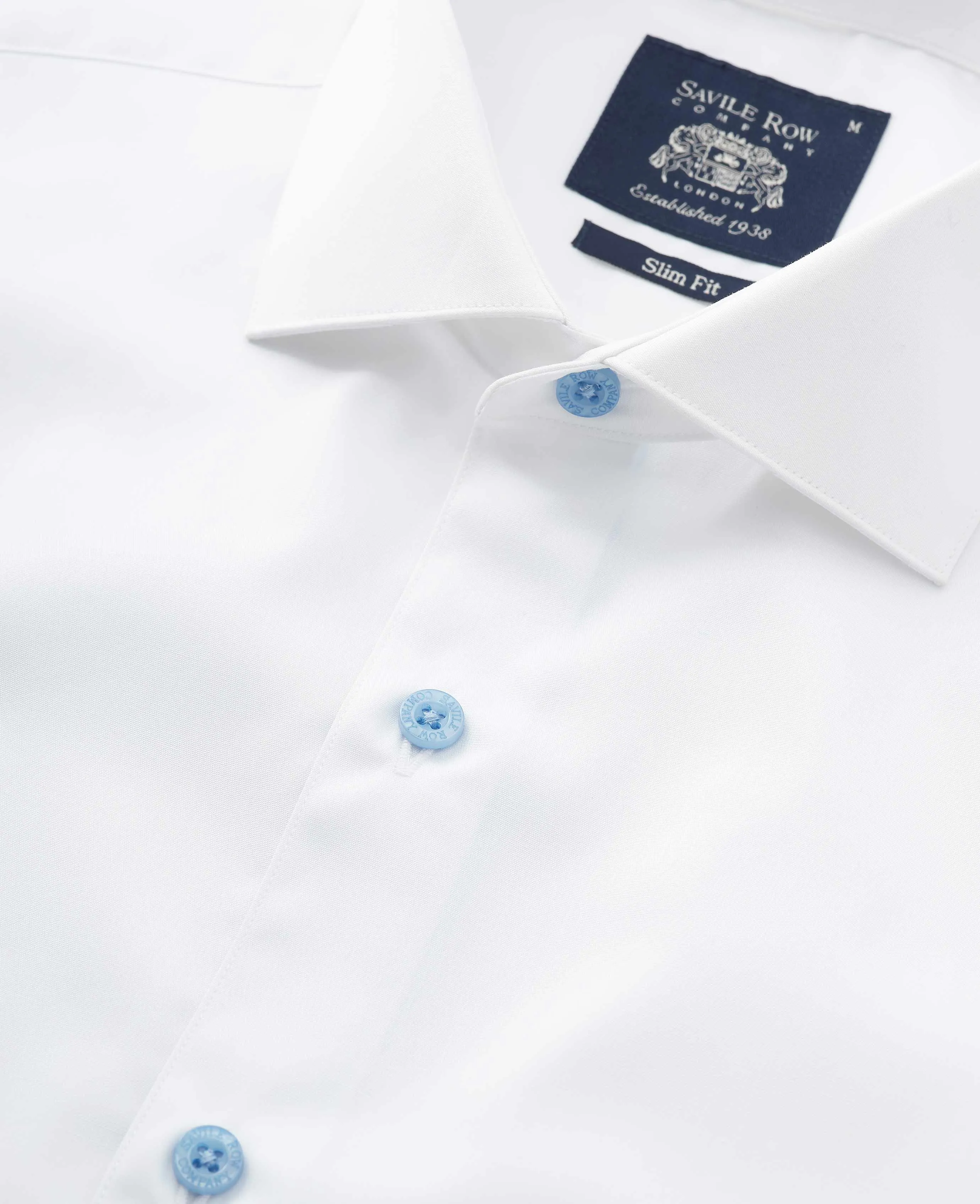 White Slim Fit Blue Button Smart-Casual Shirt - Single Cuff