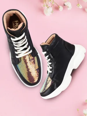 Women Black High Ankle Lace Up Embellished Sneakers