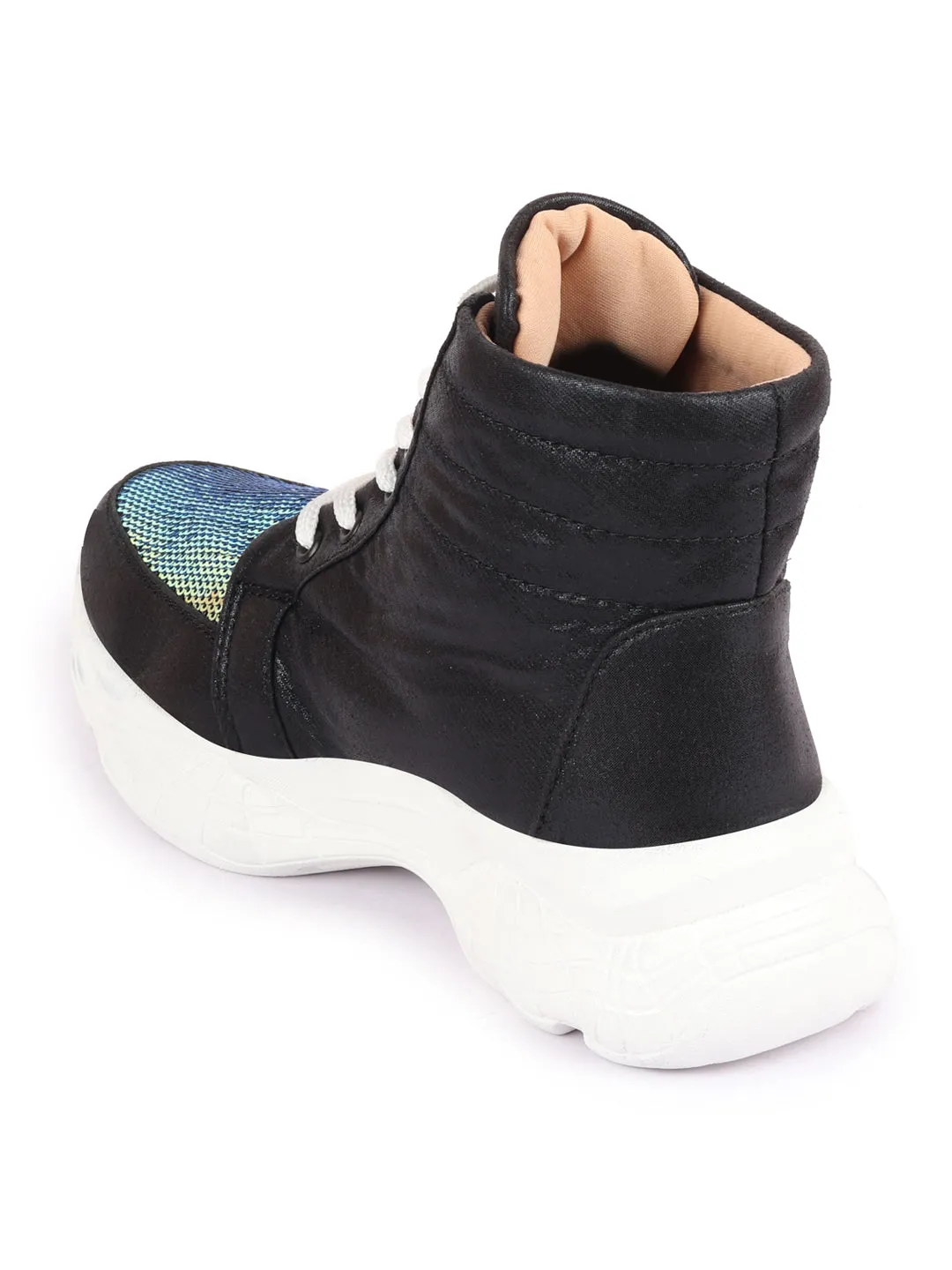 Women Black High Ankle Lace Up Embellished Sneakers