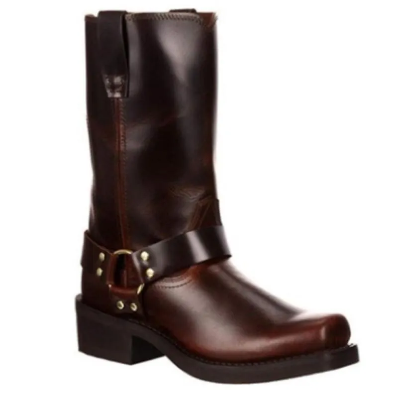 Women buckle strap martin chunk heel mid calf boots