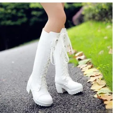 Women chunky platform criss cross lace up knee high boots