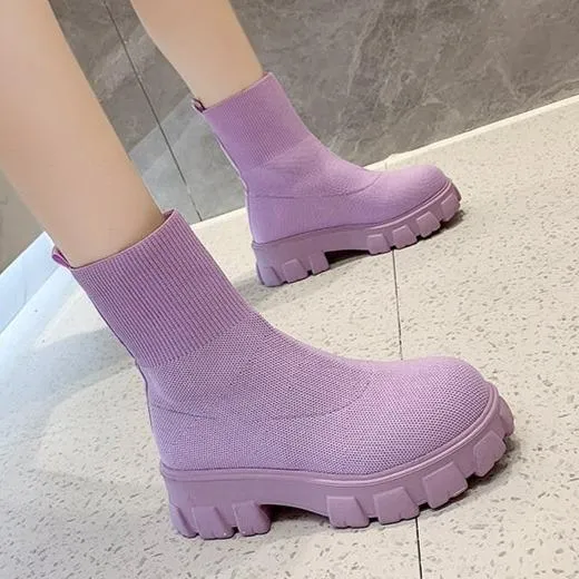 Women chunky platform solid color slip on sock booties