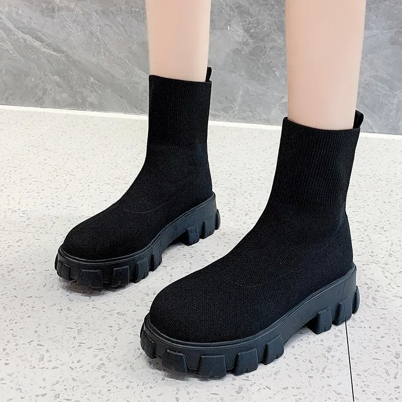 Women chunky platform solid color slip on sock booties