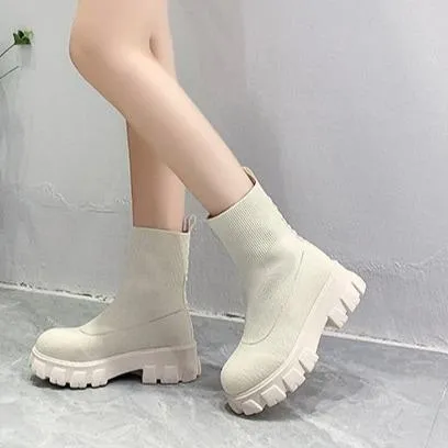 Women chunky platform solid color slip on sock booties