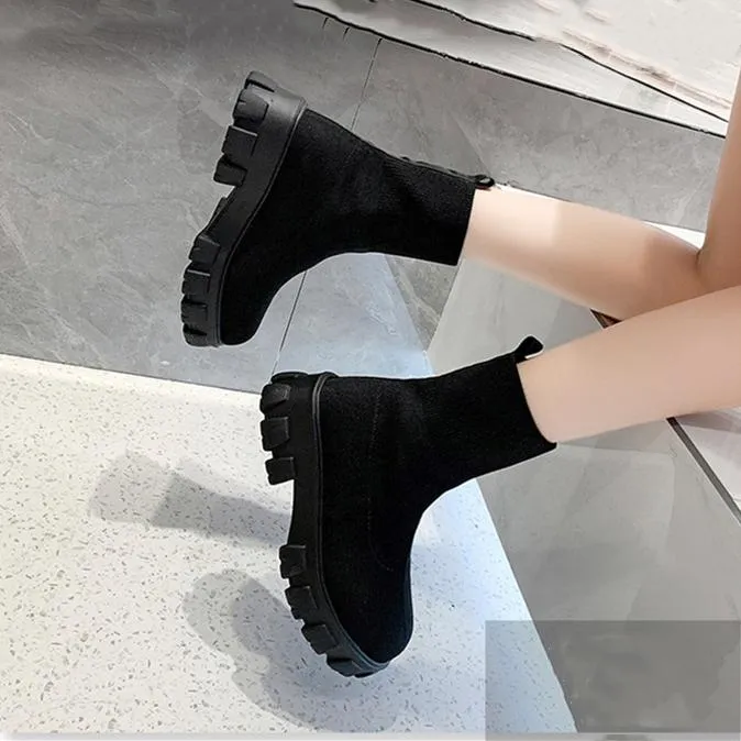 Women chunky platform solid color slip on sock booties