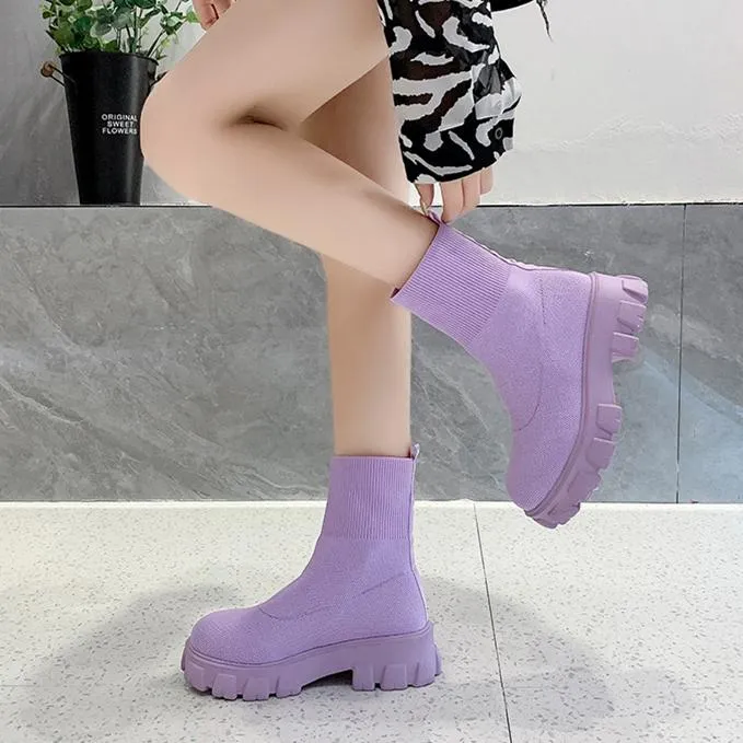 Women chunky platform solid color slip on sock booties