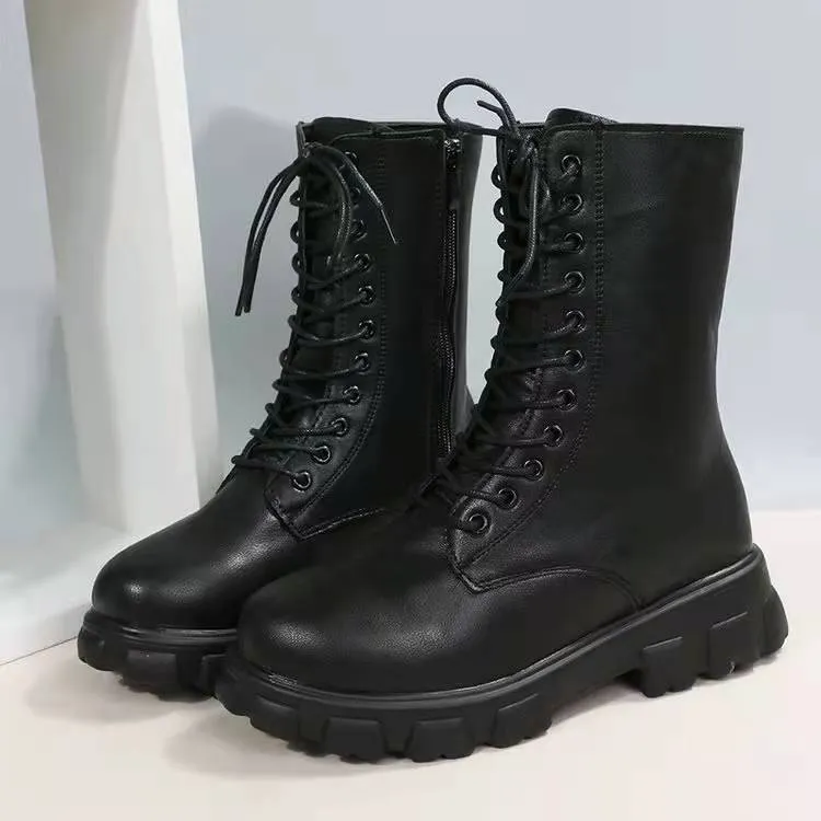 Women combat boots England style mid calf chunky platform boots with side zipper