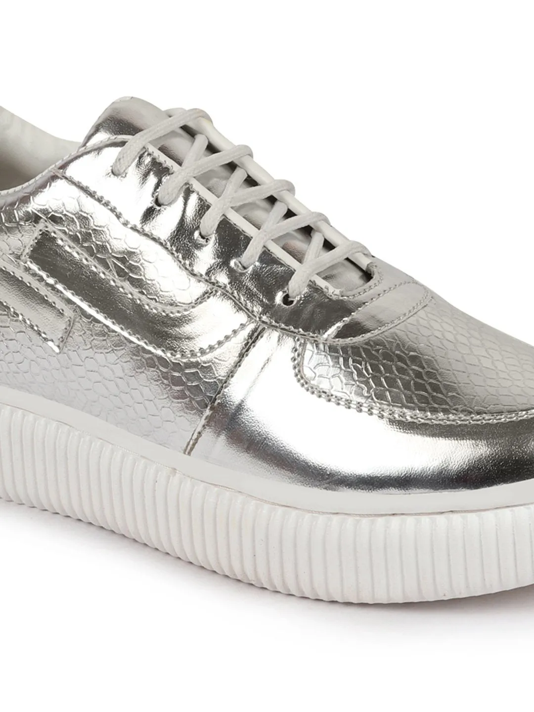 Women Grey Metallic Lace Up Sneakers